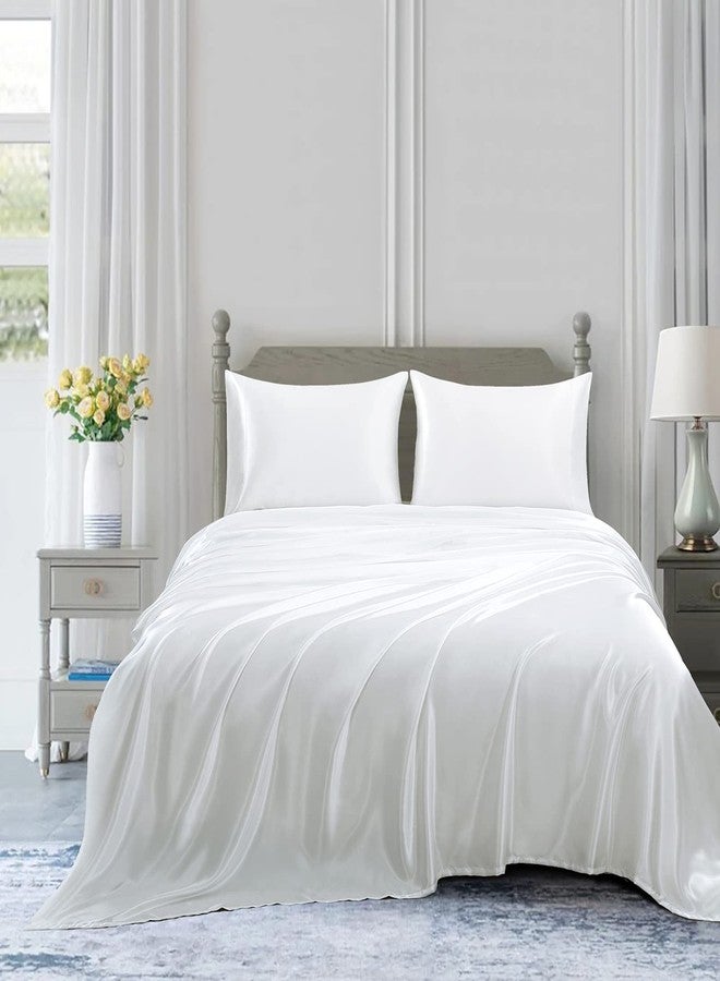 Homiest 4pcs Satin Sheets Set Luxury Silky Satin Bedding Set with Deep Pocket, 1 Fitted Sheet + 1 Flat Sheet + 2 Pillowcases (Queen Size, White) - Image 3